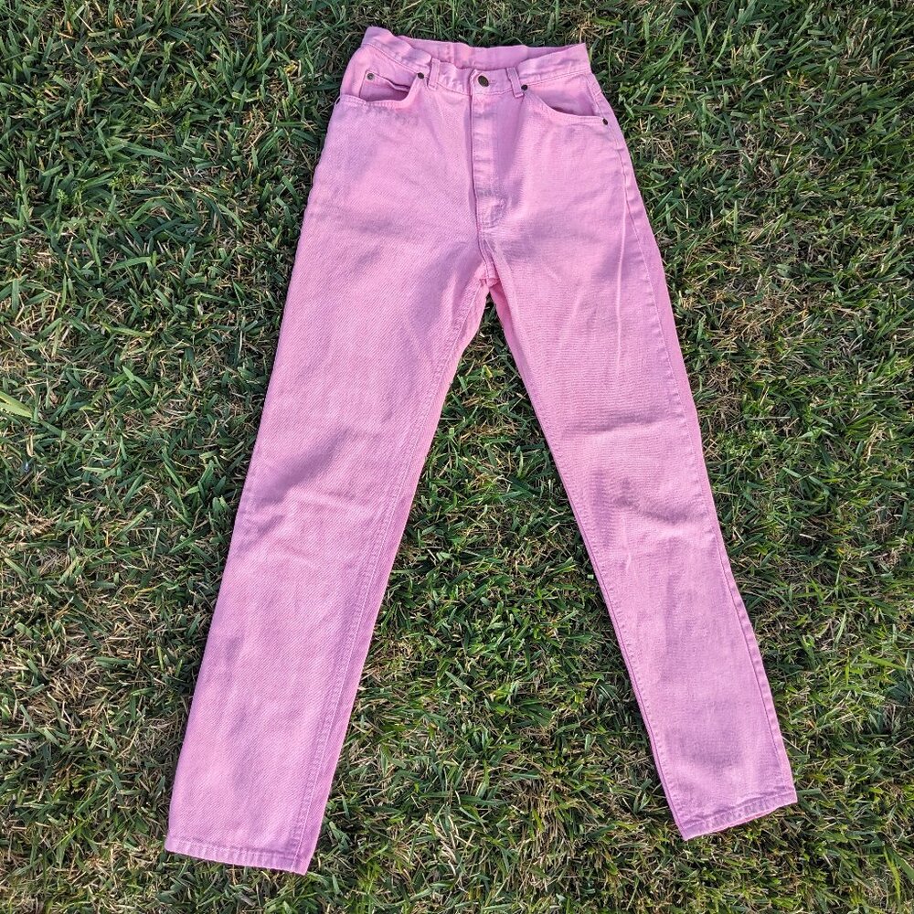 VTG Lee Riders Jeans Sz 11 27x32 Pink Denim High Waisted Retro Straight Leg USA